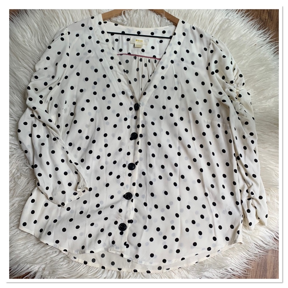 Anthropologie Maeve Jourdain Blouse Black Ivory Polka Dot Long Ruched Sleeve L